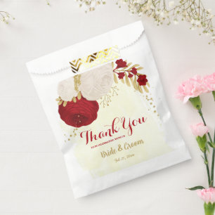 red & white flowers gold favour bags
