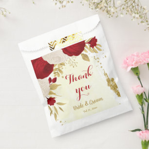red & white flowers gold favour bags