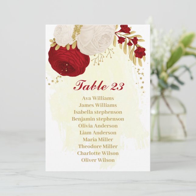 red & white flowers gold seating chart card (Standing Front)