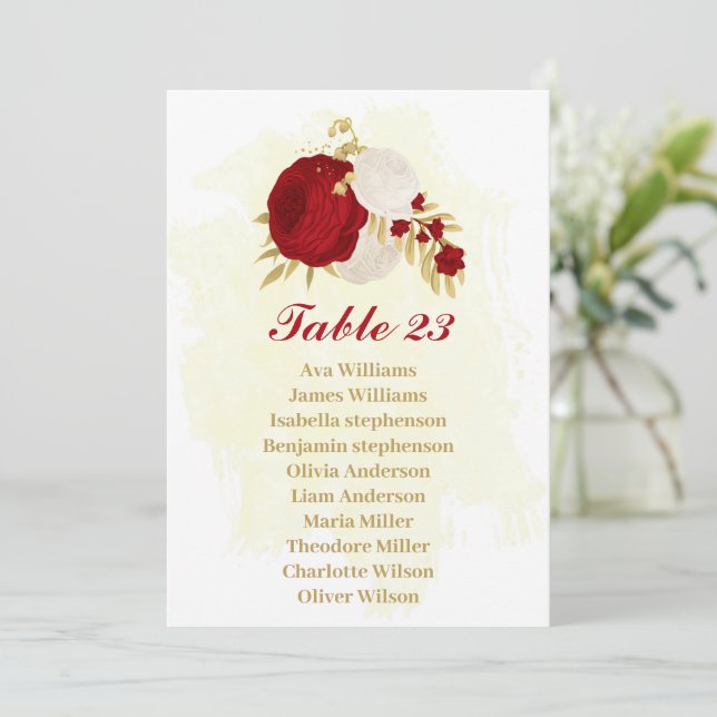 red & white flowers gold seating chart card (Standing Front)