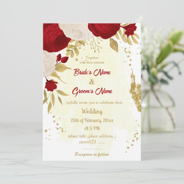 red & white flowers gold wedding invitation (Standing Front)