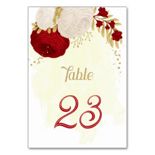 red & white flowers gold wedding table number