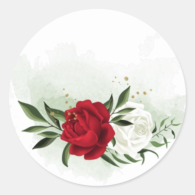 Red & white flowers greenery botanical classic round sticker (Front)