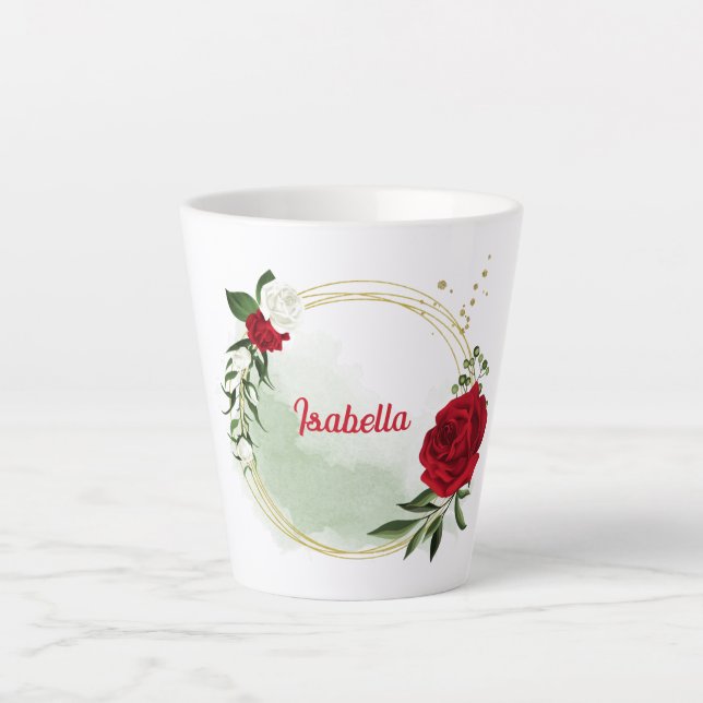 Red & white flowers greenery botanical latte mug (Front)