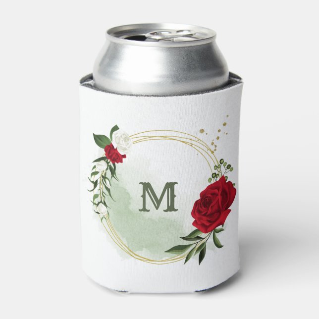 Red & white flowers greenery botanical monogram can cooler (Can Front)