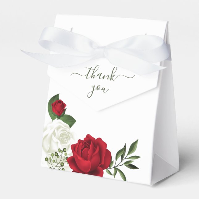 Red & white flowers greenery botanical wedding favour box (Front Side)