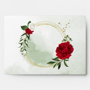 red & white flowers greenery gold wreath envelope