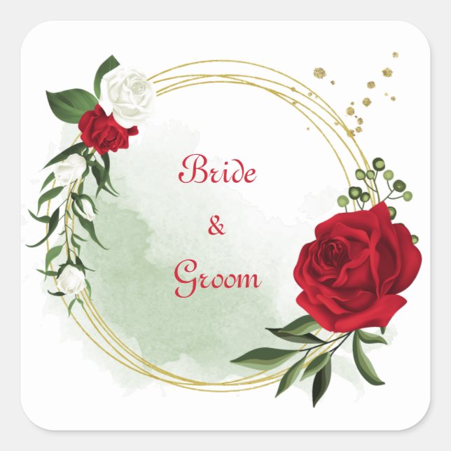 Red & white flowers greenery gold wreath square sticker (Front)