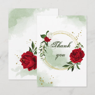 red & white flowers greenery gold wreath thank you card