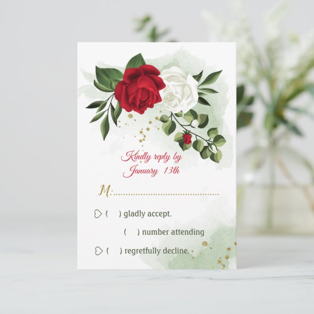 red & white flowers greenery RSVP card (Standing Front)
