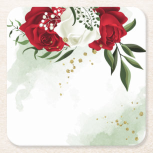 Red & white flowers greenery  square paper coaster
