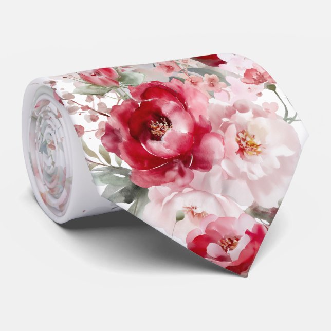 Red White Flowers Neck Tie (Rolled)