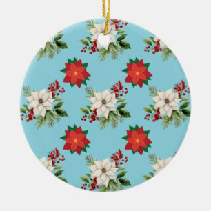 Red & White Flowers On A Green Light Background  Ceramic Tree Decoration
