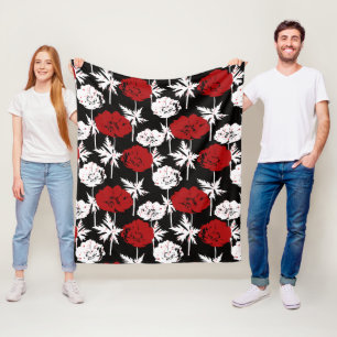 Red, white flowers on black  fleece blanket