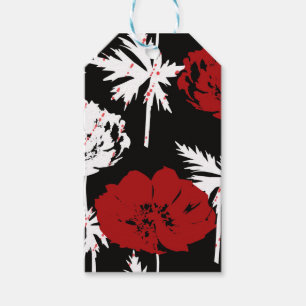 Red, white flowers on black gift tags