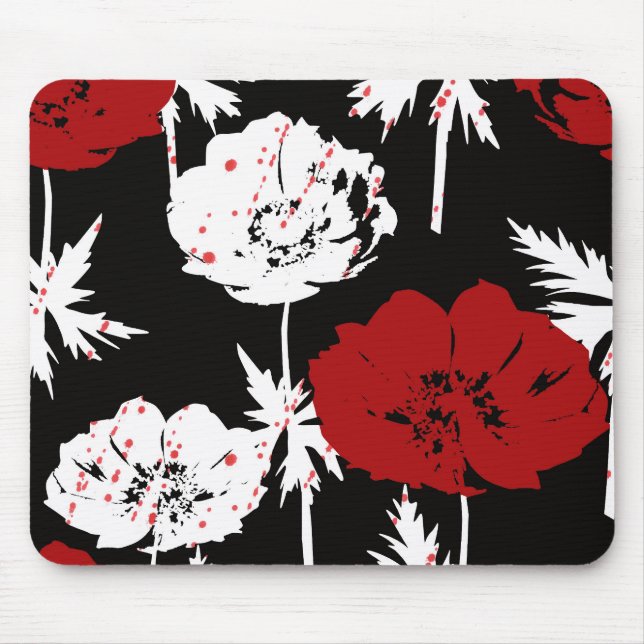 Red, white flowers on black. mouse pad (Front)