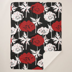 Red, white flowers on black . sherpa blanket