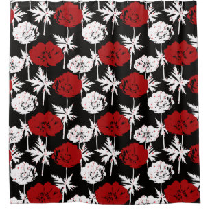 Red, white flowers on black. shower curtain