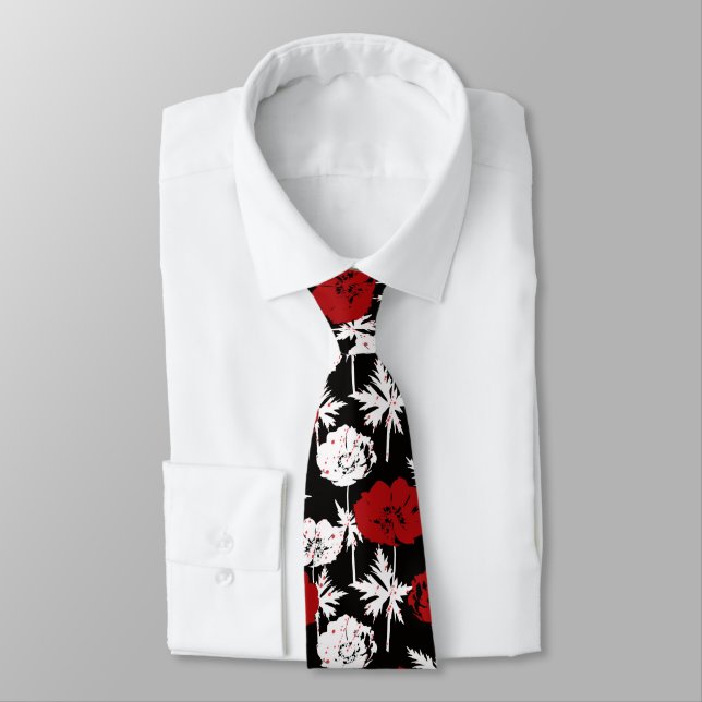 Red, white flowers on black . tie (Tied)