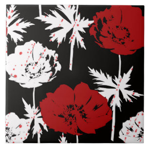 Red, white flowers on black . tile
