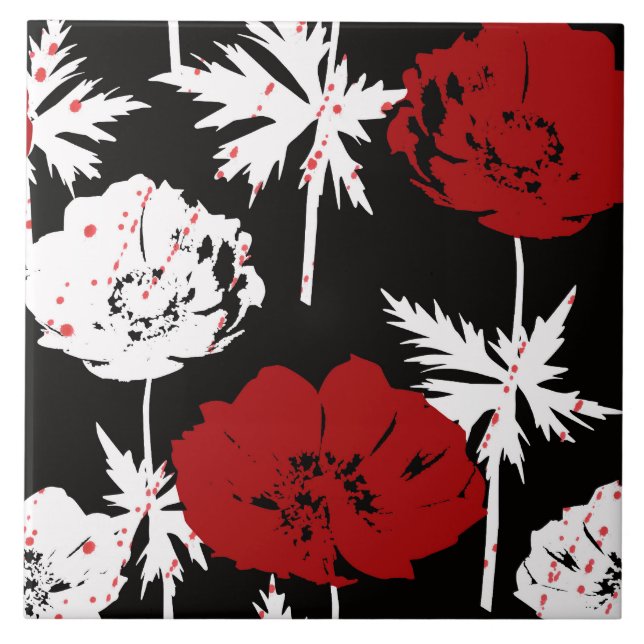 Red, white flowers on black . tile (Front)