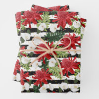 Red White Flowers on Black White Stripes Dots