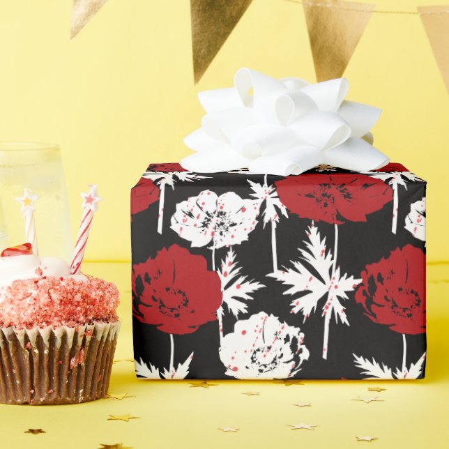 Red, white flowers on black  wrapping paper (Birthday Party)