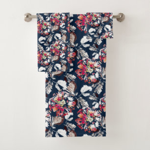 Red, white flowers on blue.  bath towel set