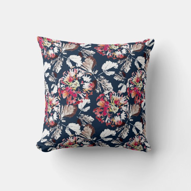 Red, white flowers on blue. cushion (Front)