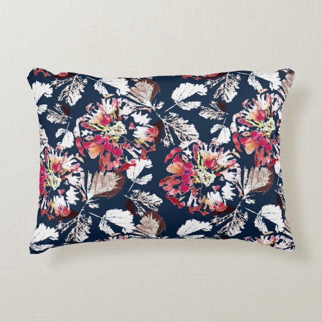Red, white flowers on blue.  decorative cushion (Front)