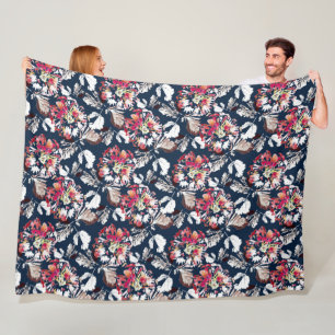 Red, white flowers on blue. fleece blanket