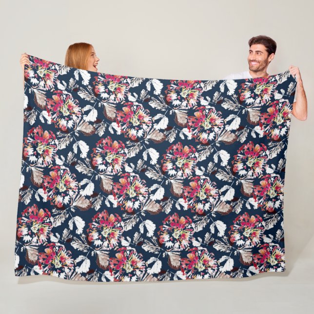 Red, white flowers on blue.  fleece blanket (In Situ)