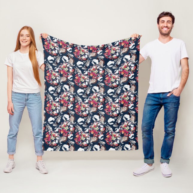 Red, white flowers on blue.  fleece blanket (In Situ)