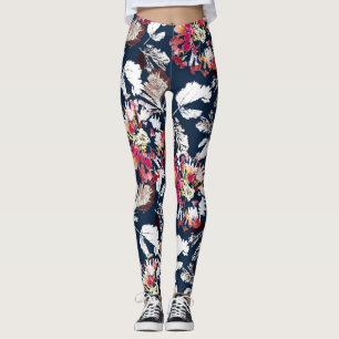 Red, white flowers on blue. leggings