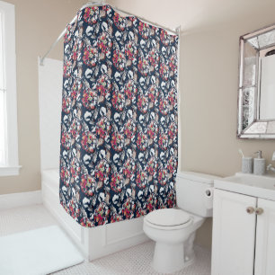 Red, white flowers on blue. shower curtain