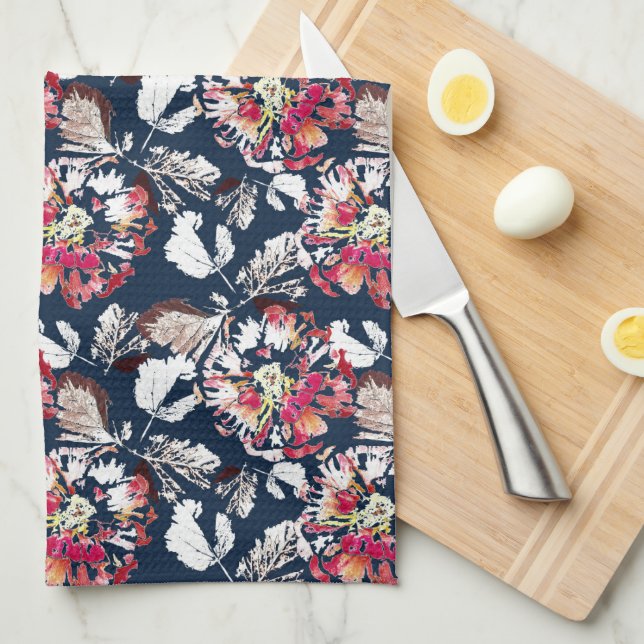 Red, white flowers on blue. tea towel (Quarter Fold)