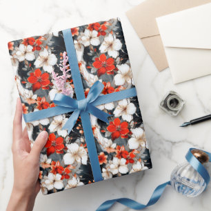 Red & White Flowers on Marble Wrapping Paper