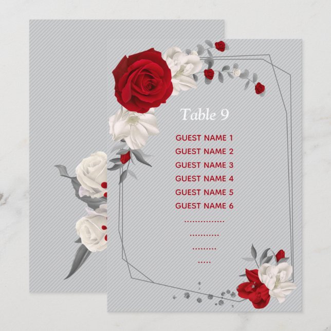 red & white flowers seating chart table number (Front/Back)