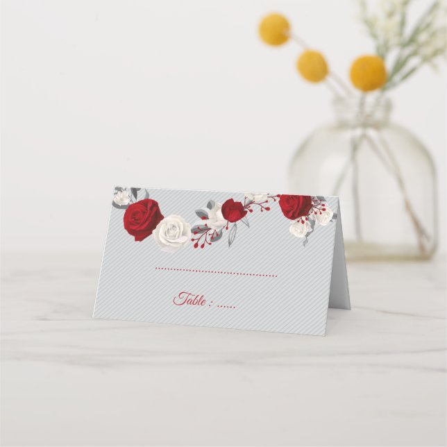 red & white flowers silver leaves grey place card (Front)