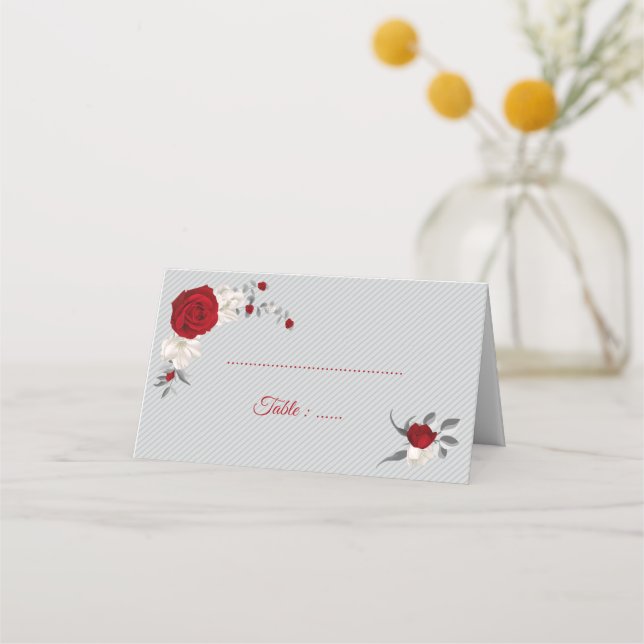 red & white flowers silver leaves grey place card (Front)