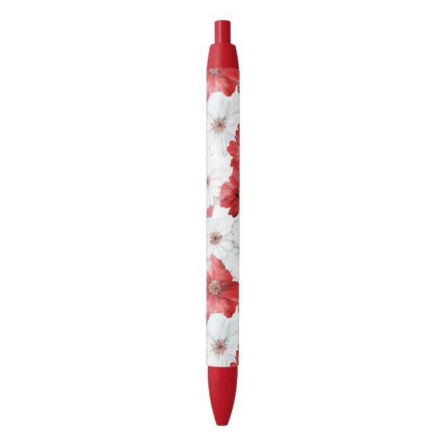Red White Flowers Wedding Black Ink Pen (Front Vertical)