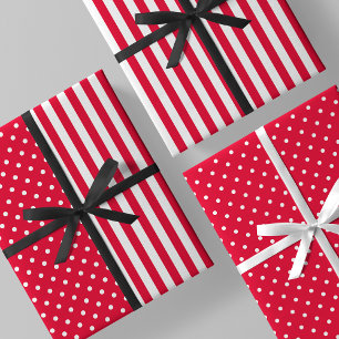 Red & White Fun & Unique Stripes & Polka Dots Wrapping Paper Sheet