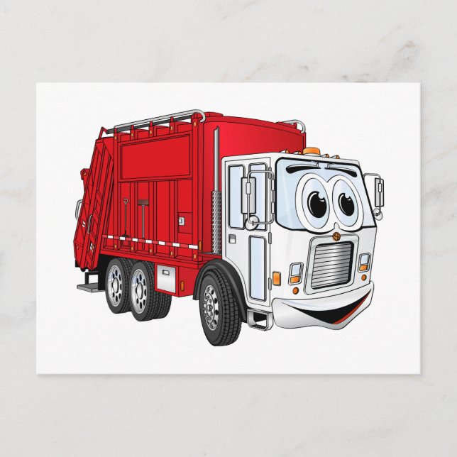 Red White Garbage Truck Cartoon Postcard (Front)
