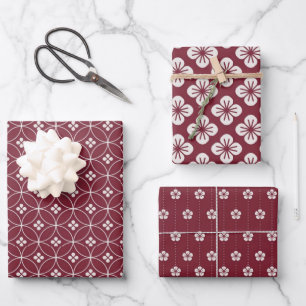 Red + White Geometric Floral Pattern   Wrapping Paper Sheet