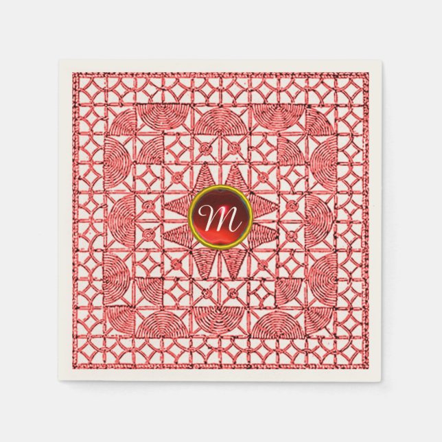 RED WHITE GEOMETRIC LACE GEM STONE MONOGRAM NAPKIN (Front)