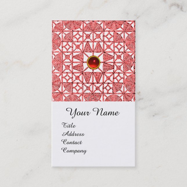RED WHITE GEOMETRIC LACE RUBY GEMSTONE MONOGRAM BUSINESS CARD (Front)