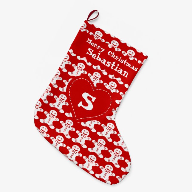 Red & White Gingerbread Pattern Large Christmas Stocking (Front (Hanging))