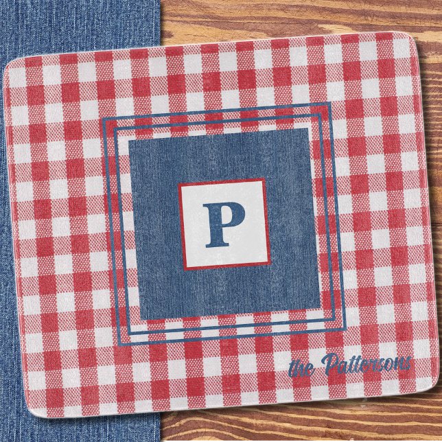 Red & White Gingham Check, Blue Denim Glass Cutting Board (Creator Uploaded)