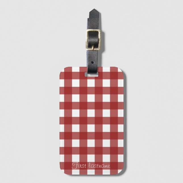 Red White Gingham Check Plaid Luggage Tag (Front Vertical)