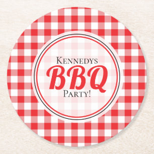 Red White Gingham Pattern Family BBQ Round Paper Coaster